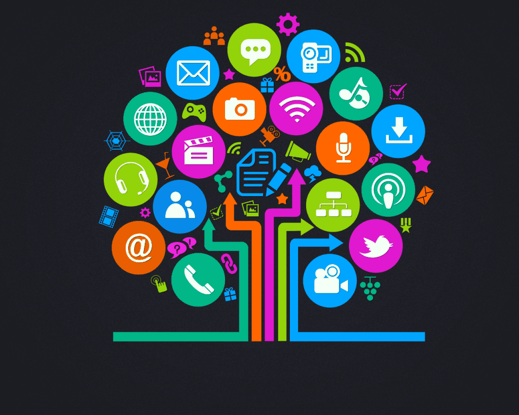 Una imagen de fondo negro con colores muy resaltantes que contienen íconos de todos los programas de conexión digital 